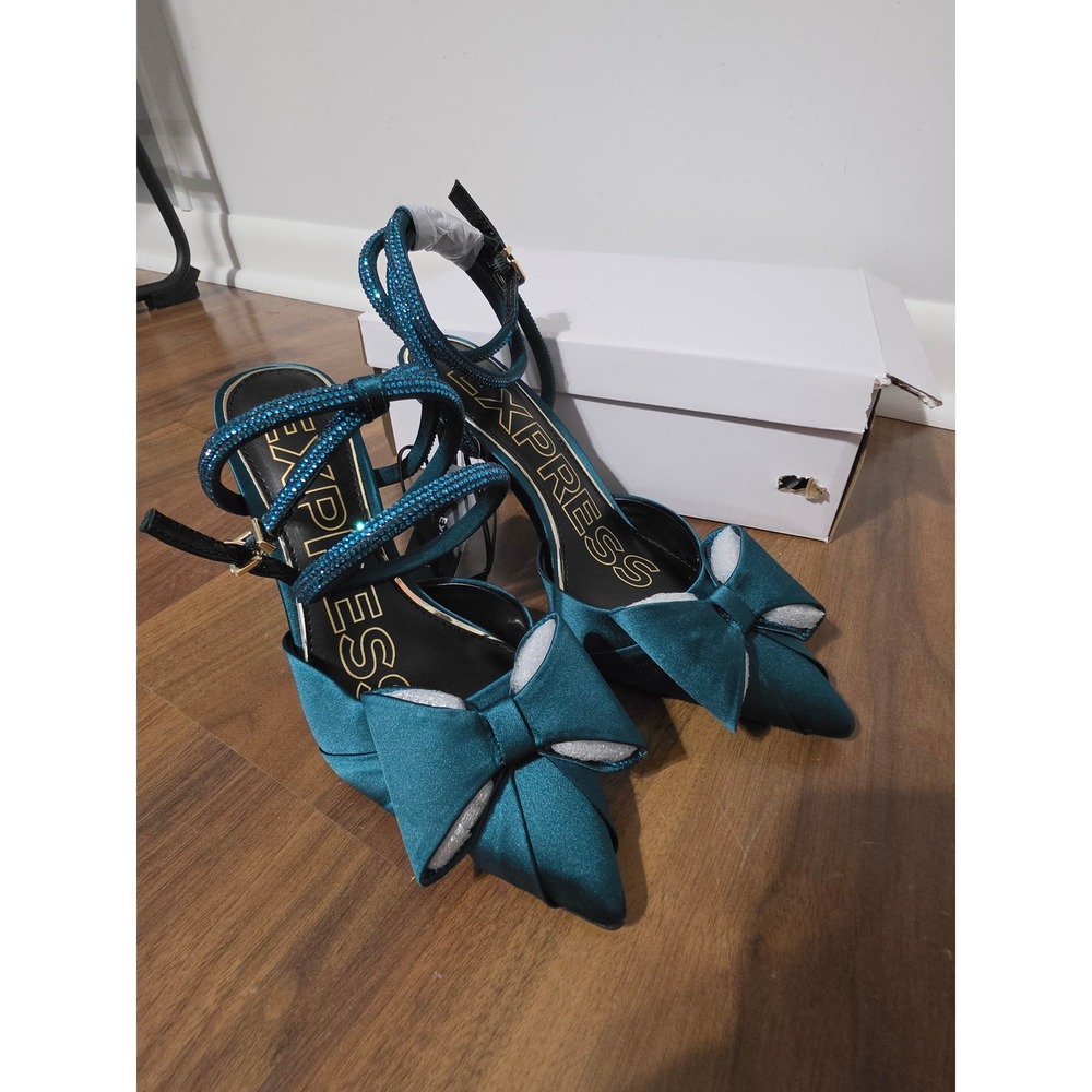 Express Heel Pumps Women 8 Deep Teal NEW Rhinestone Bow Satin Stiletto